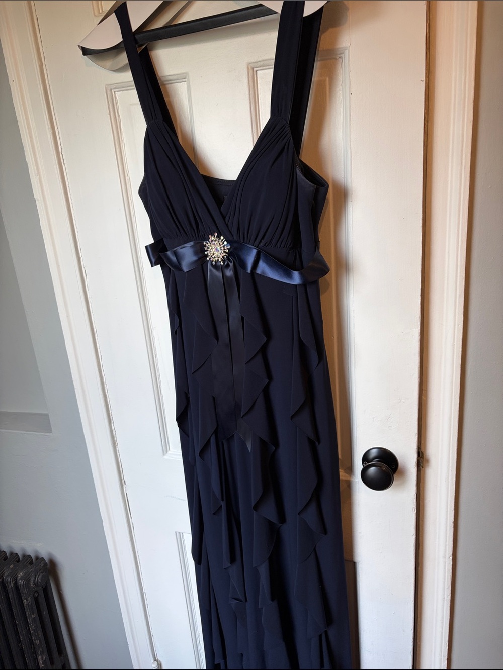 Xscape Navy Ruffled Maxi Dress with Satin Waist Bow and Brooch